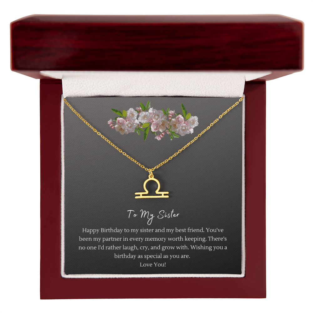 Zodiac Necklace for Sister — Birthday Gift with Message Card, Stainless Steel or 18k Gold