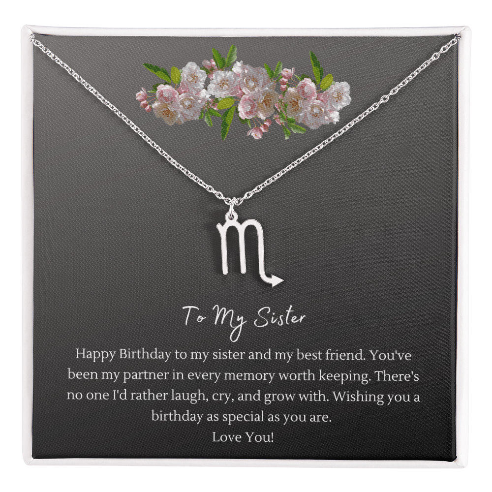 Zodiac Necklace for Sister — Birthday Gift with Message Card, Stainless Steel or 18k Gold