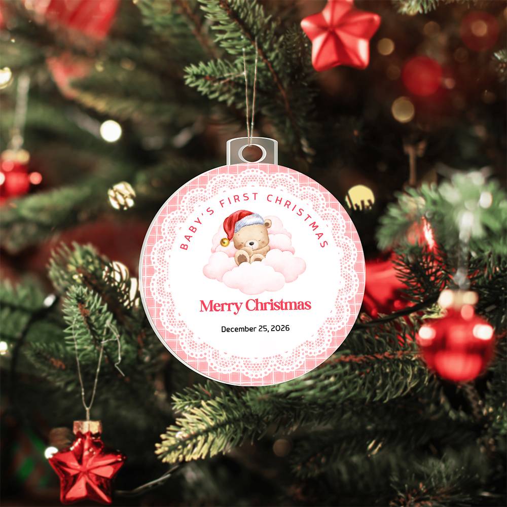 Baby's First Christmas Ornament — Acrylic Keepsake with Date | Newborn Gift Pink