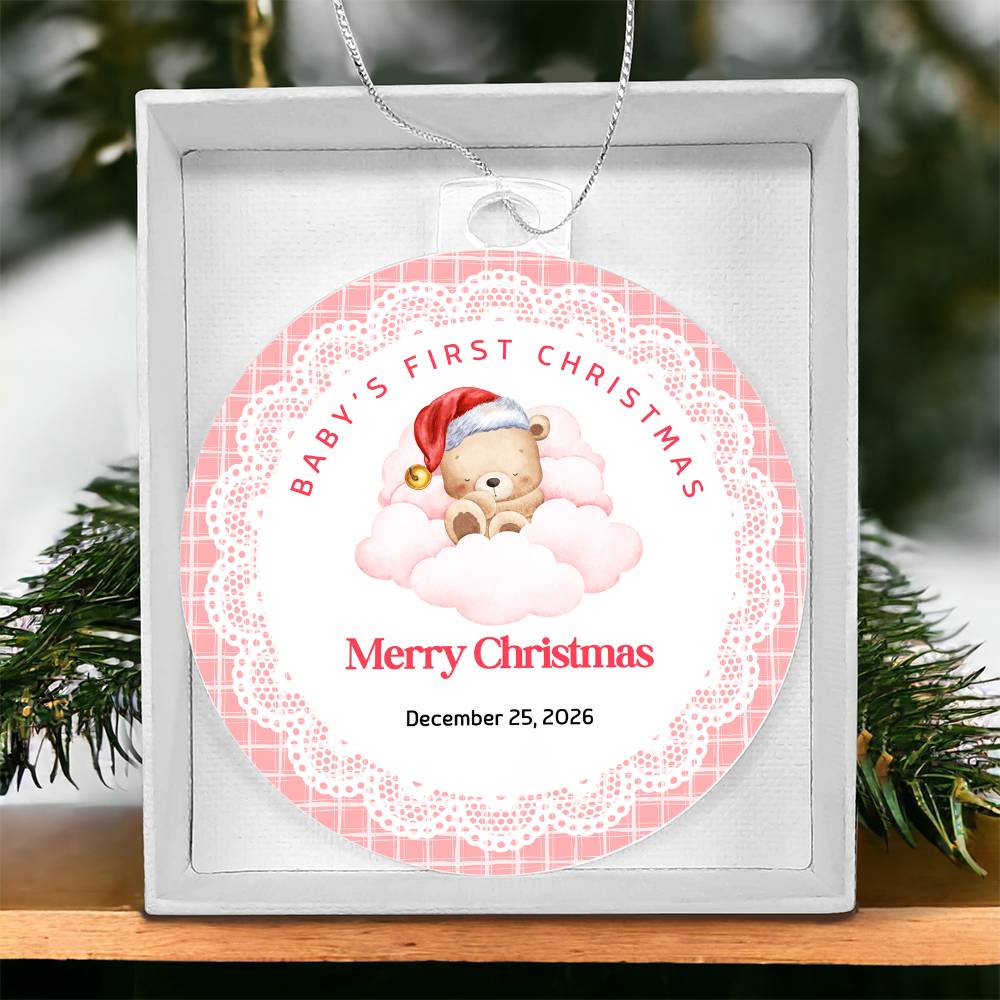 Baby's First Christmas Ornament — Acrylic Keepsake with Date | Newborn Gift Pink