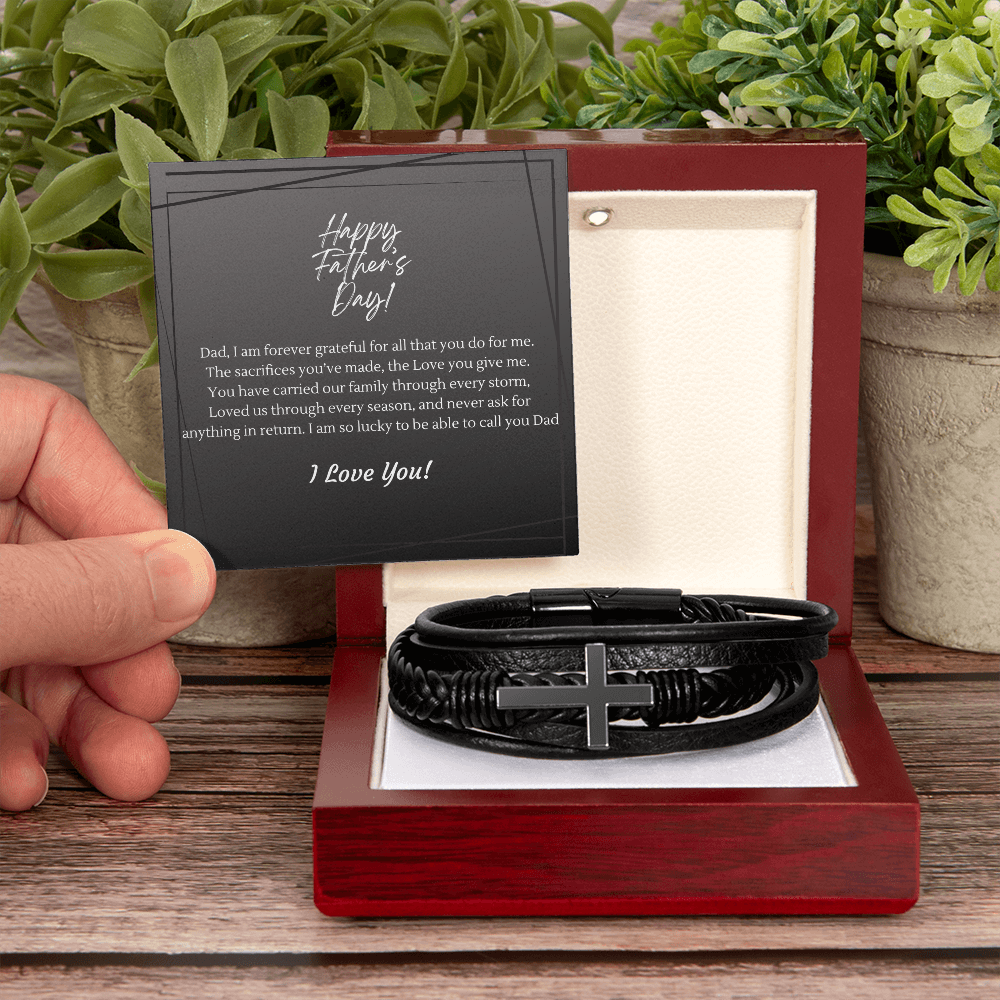 Braided Leather & Cross Bracelet for Dad | Forever Grateful Father's Day Gift
