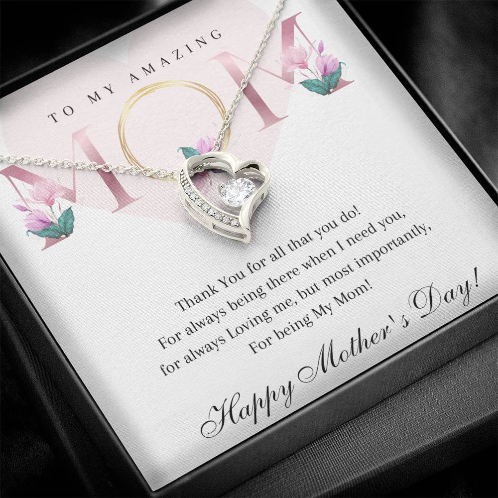 Happy Mothers Day To My Amazing Mom - 14k White or 18k Yellow Gold plated Heart Necklace with Cubic Zirconia Stone