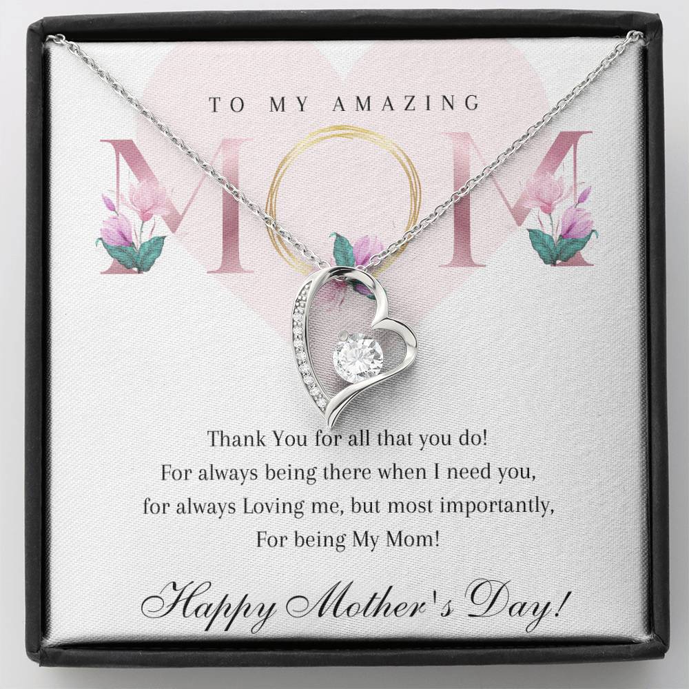 Happy Mothers Day To My Amazing Mom - 14k White or 18k Yellow Gold plated Heart Necklace with Cubic Zirconia Stone