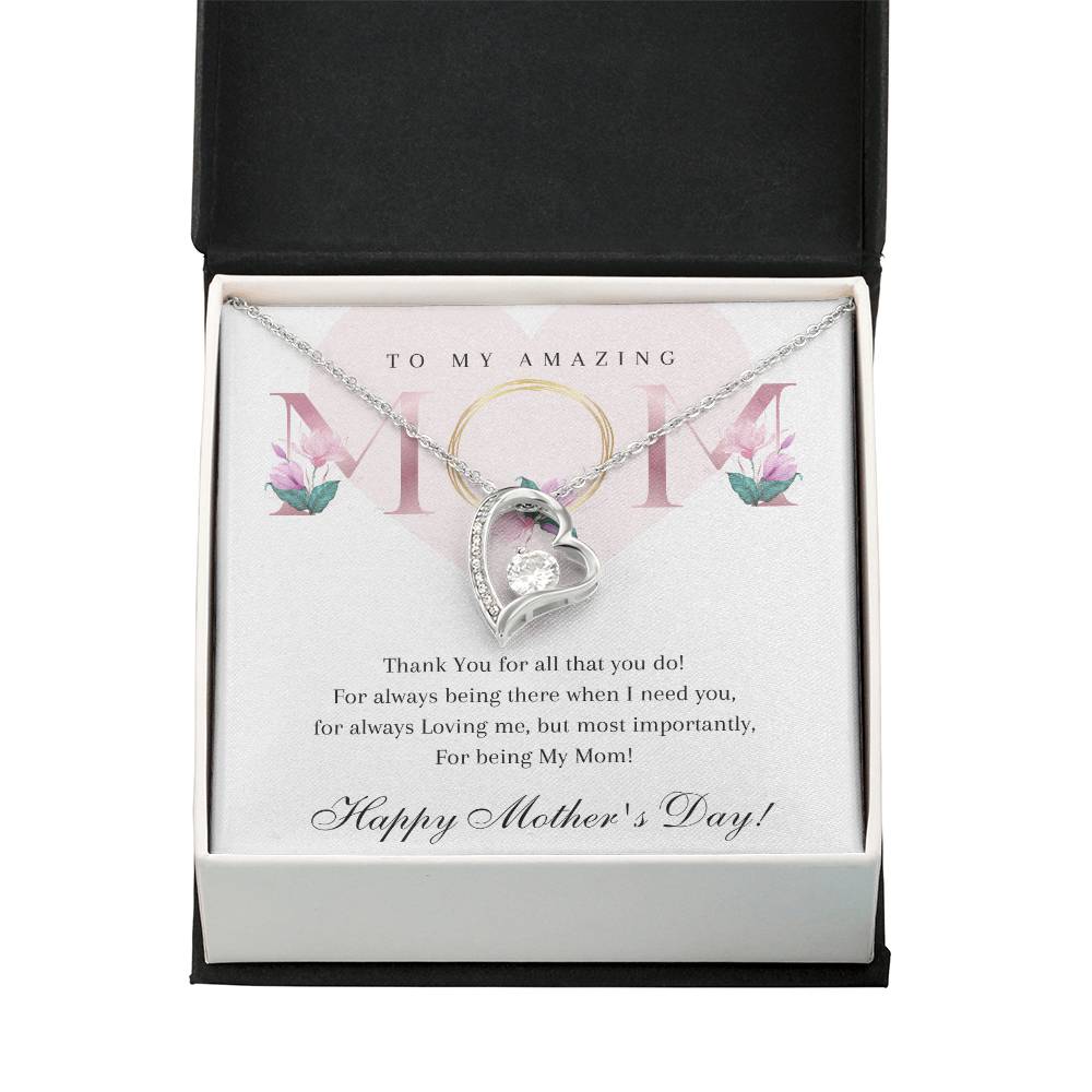 Happy Mothers Day To My Amazing Mom - 14k White or 18k Yellow Gold plated Heart Necklace with Cubic Zirconia Stone