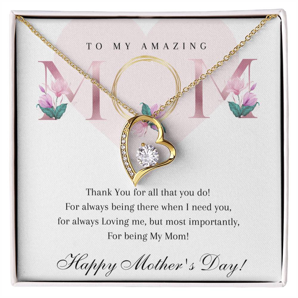 Happy Mothers Day To My Amazing Mom - 14k White or 18k Yellow Gold plated Heart Necklace with Cubic Zirconia Stone