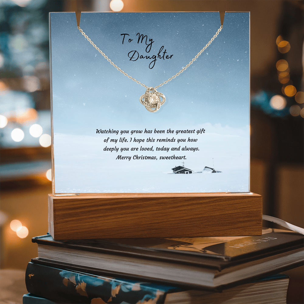 LED Acrylic Plaque with Love Knot Necklace, Christmas Gift for Daughter - Light-Up Keepsake