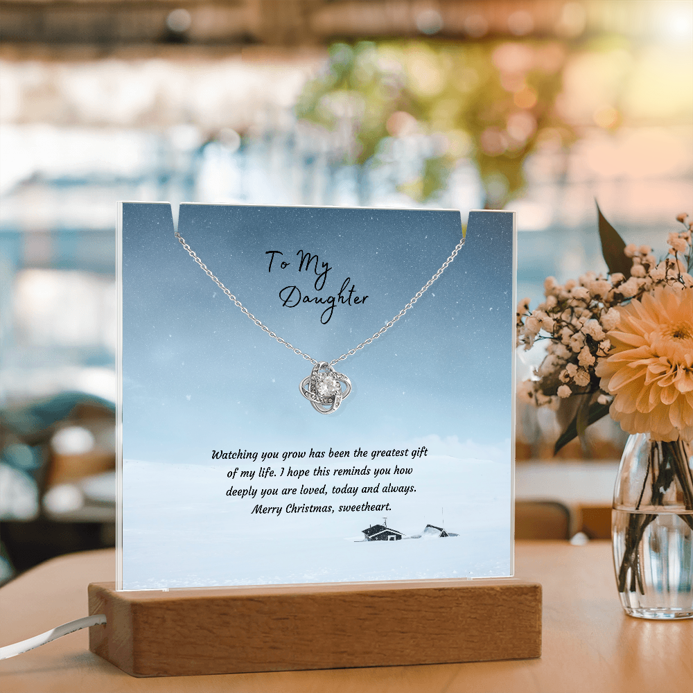 LED Acrylic Plaque with Love Knot Necklace, Christmas Gift for Daughter - Light-Up Keepsake