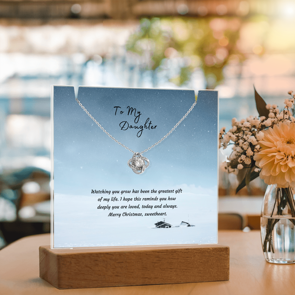 LED Acrylic Plaque with Love Knot Necklace, Christmas Gift for Daughter - Light-Up Keepsake