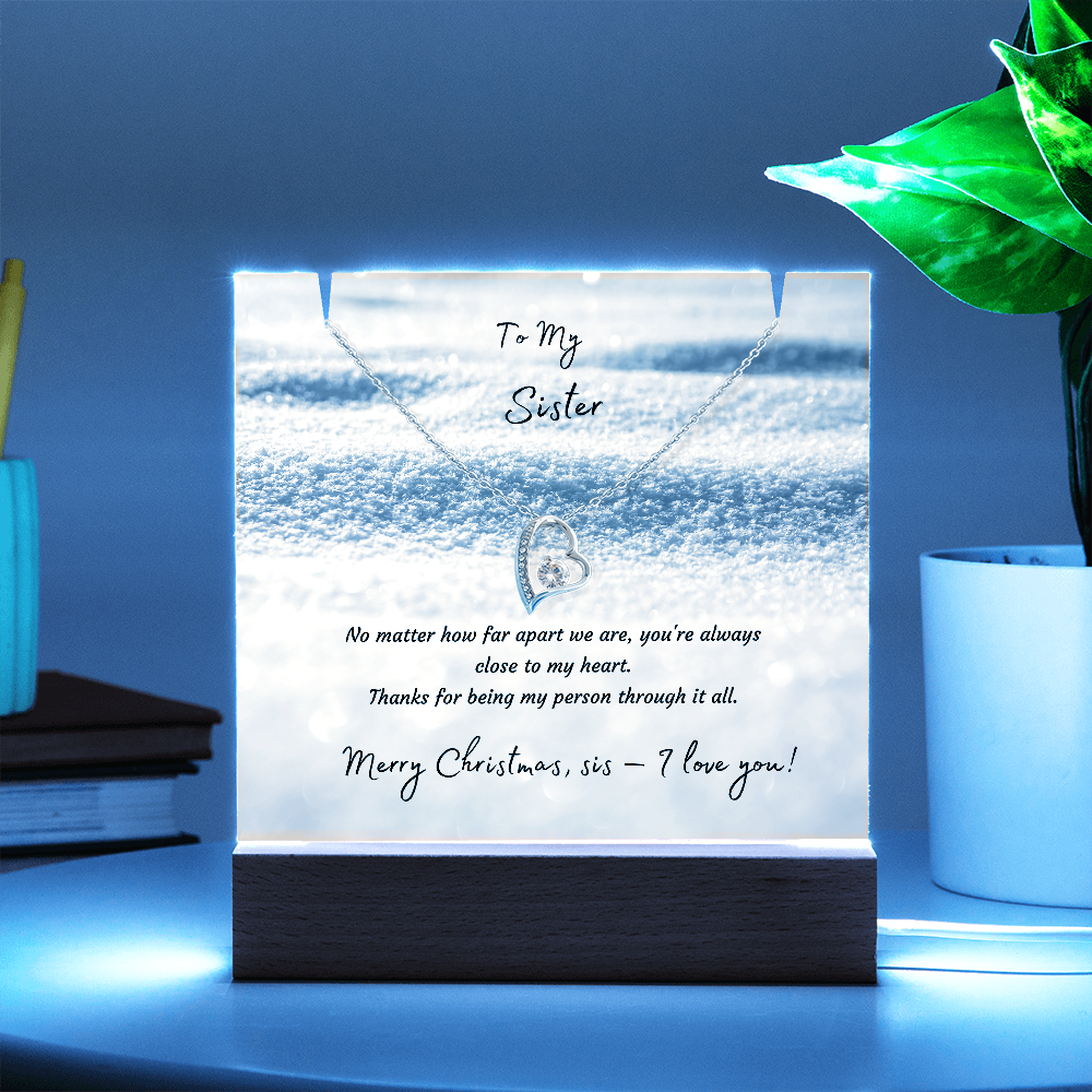LED Acrylic Plaque with Heart Necklace, Christmas Gift for Sister - "To My Sister" Light-Up Keepsake with 14K Gold Finish Pendant