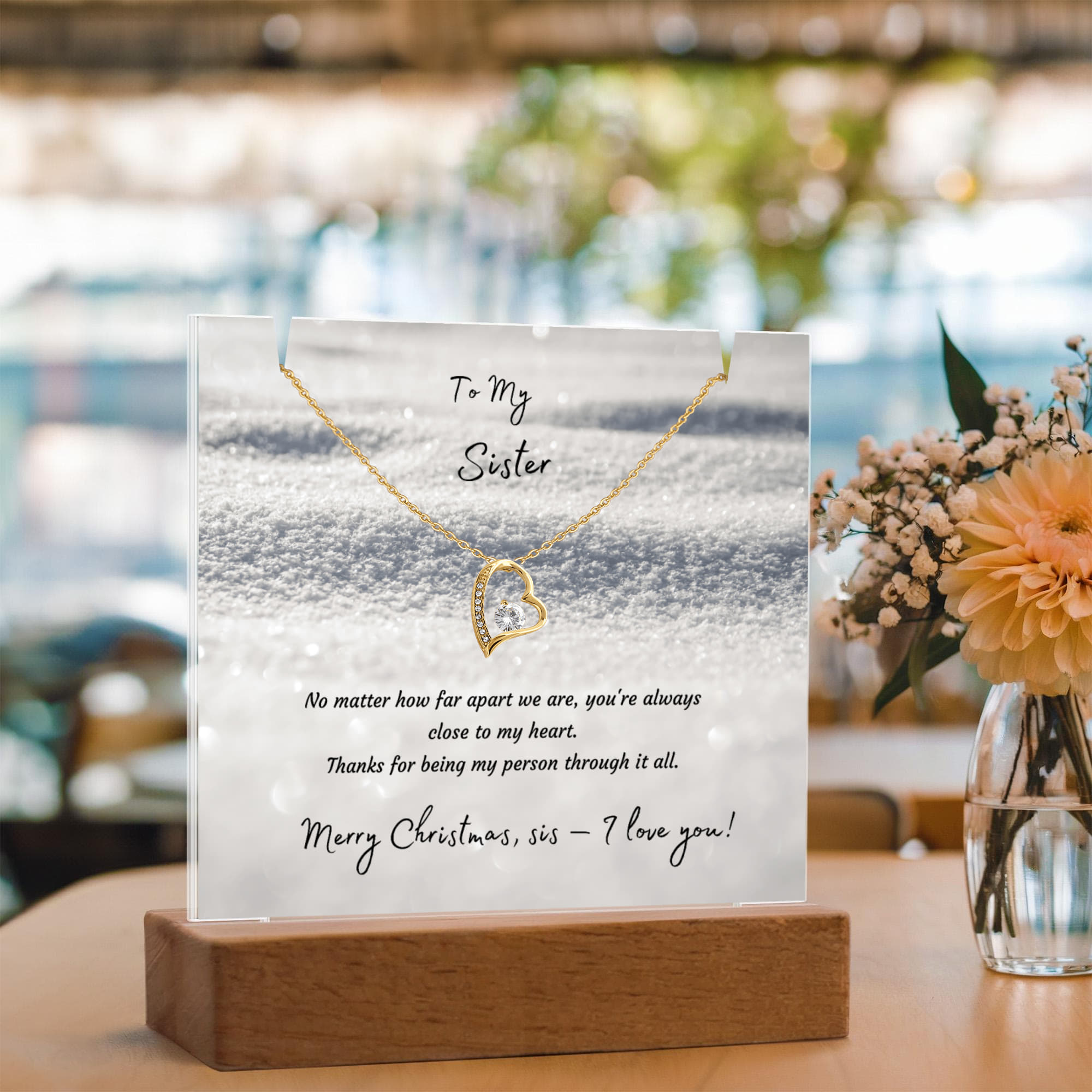 LED Acrylic Plaque with Heart Necklace, Christmas Gift for Sister - "To My Sister" Light-Up Keepsake with 14K Gold Finish Pendant