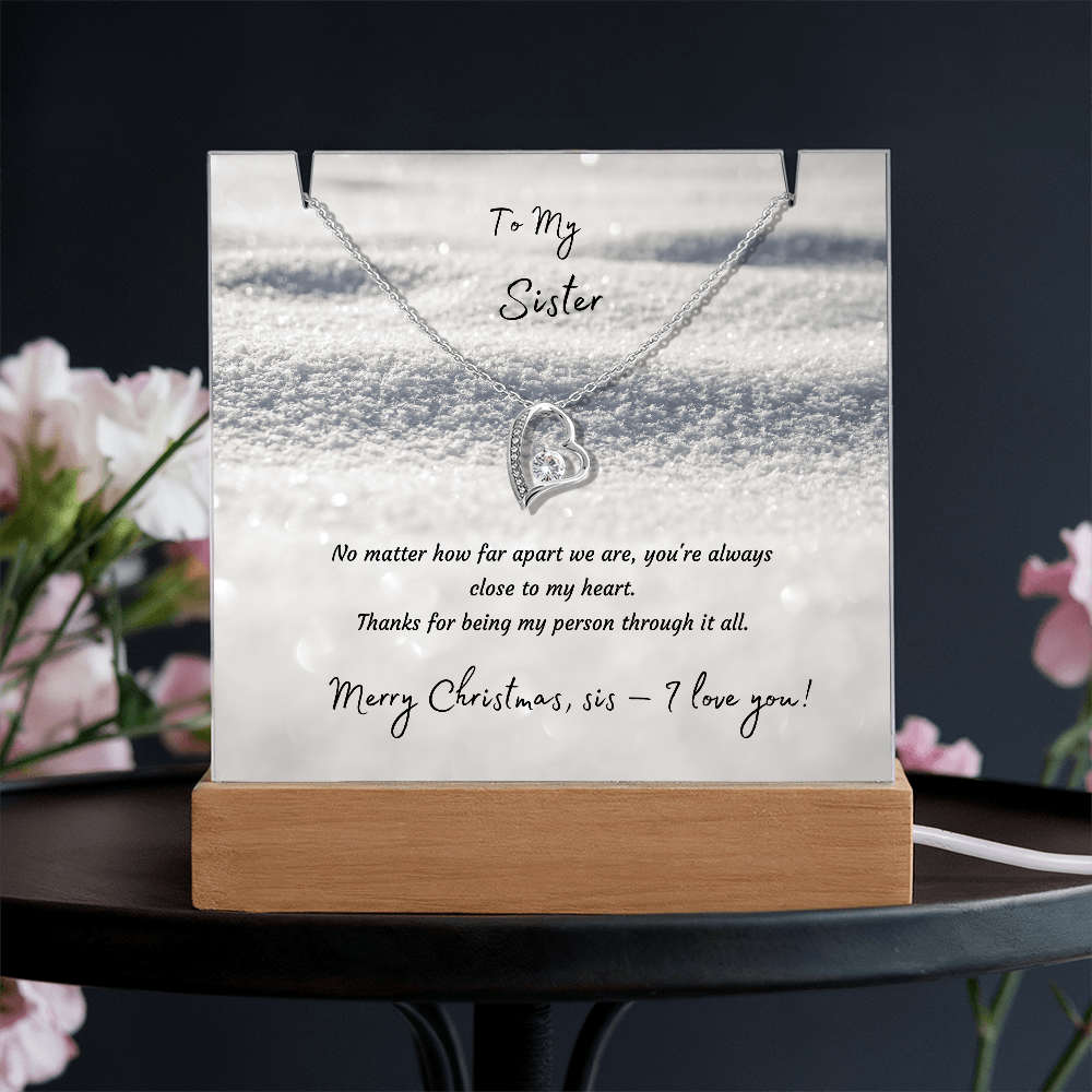 LED Acrylic Plaque with Heart Necklace, Christmas Gift for Sister - "To My Sister" Light-Up Keepsake with 14K Gold Finish Pendant