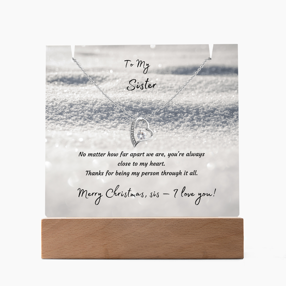 LED Acrylic Plaque with Heart Necklace, Christmas Gift for Sister - "To My Sister" Light-Up Keepsake with 14K Gold Finish Pendant
