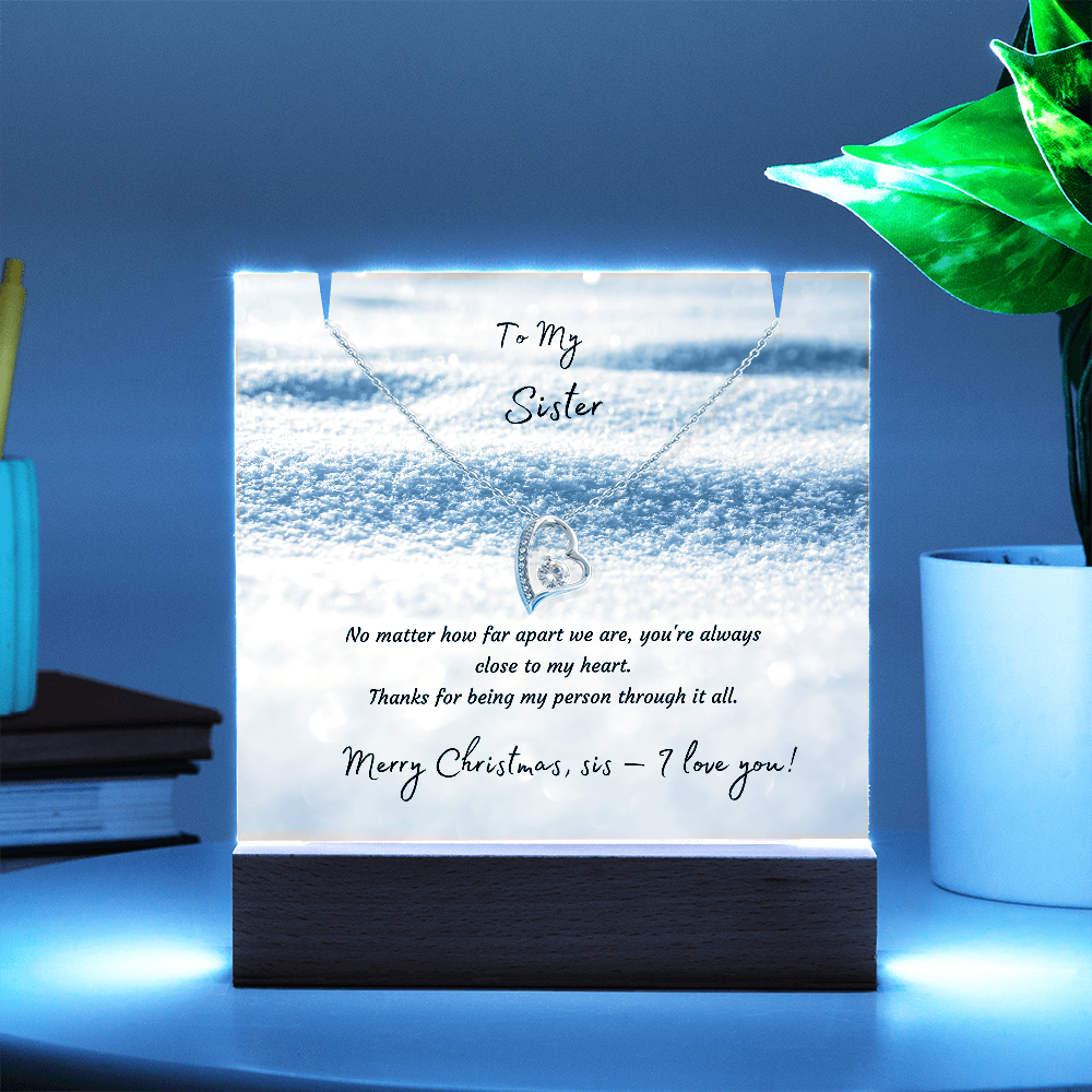 LED Acrylic Plaque with Heart Necklace, Christmas Gift for Sister - "To My Sister" Light-Up Keepsake with 14K Gold Finish Pendant