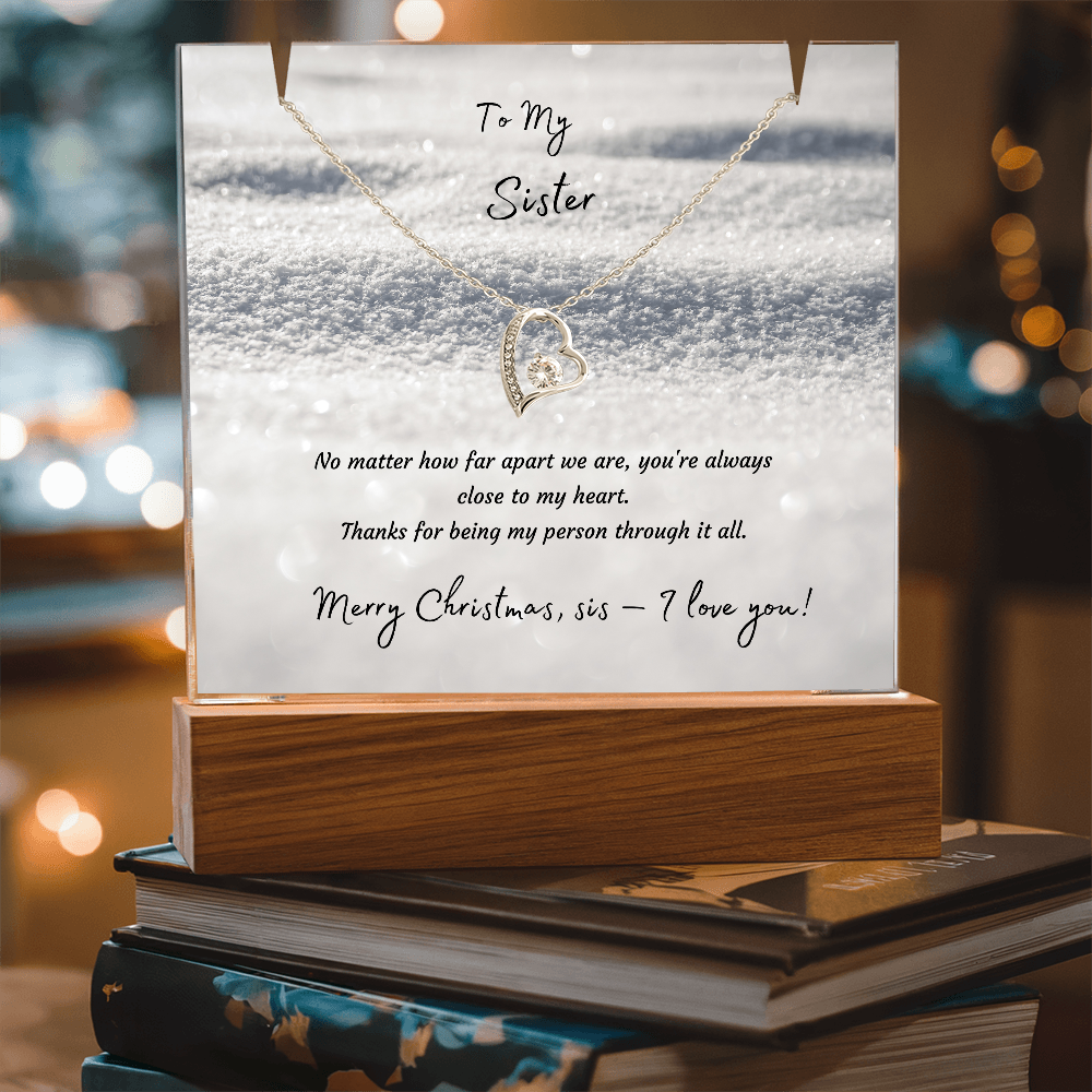 LED Acrylic Plaque with Heart Necklace, Christmas Gift for Sister - "To My Sister" Light-Up Keepsake with 14K Gold Finish Pendant