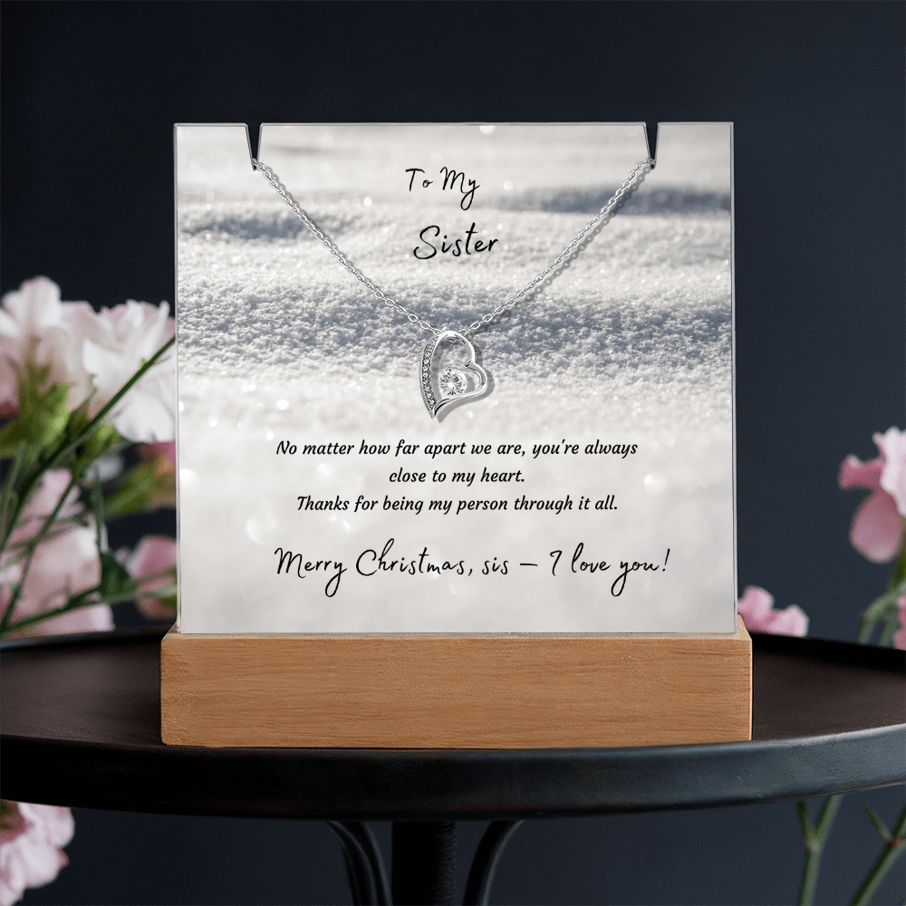 LED Acrylic Plaque with Heart Necklace, Christmas Gift for Sister - "To My Sister" Light-Up Keepsake with 14K Gold Finish Pendant
