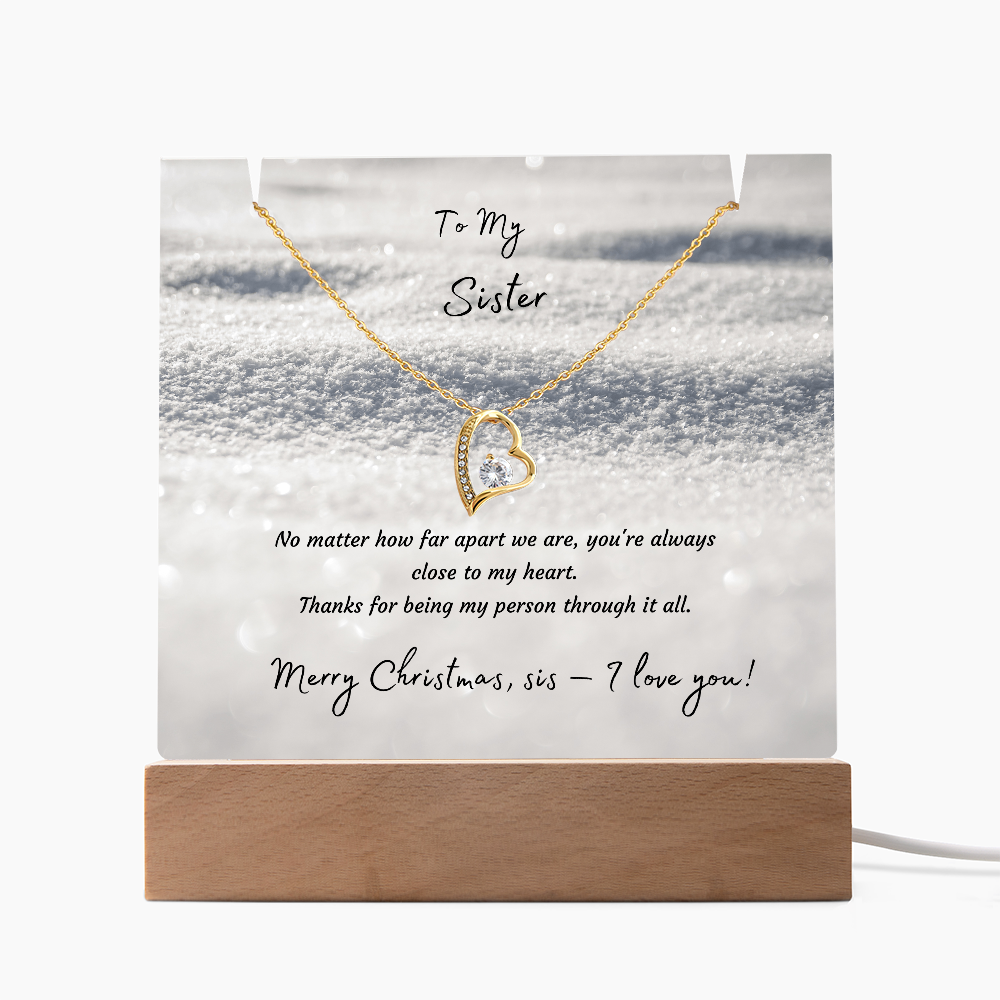 LED Acrylic Plaque with Heart Necklace, Christmas Gift for Sister - "To My Sister" Light-Up Keepsake with 14K Gold Finish Pendant