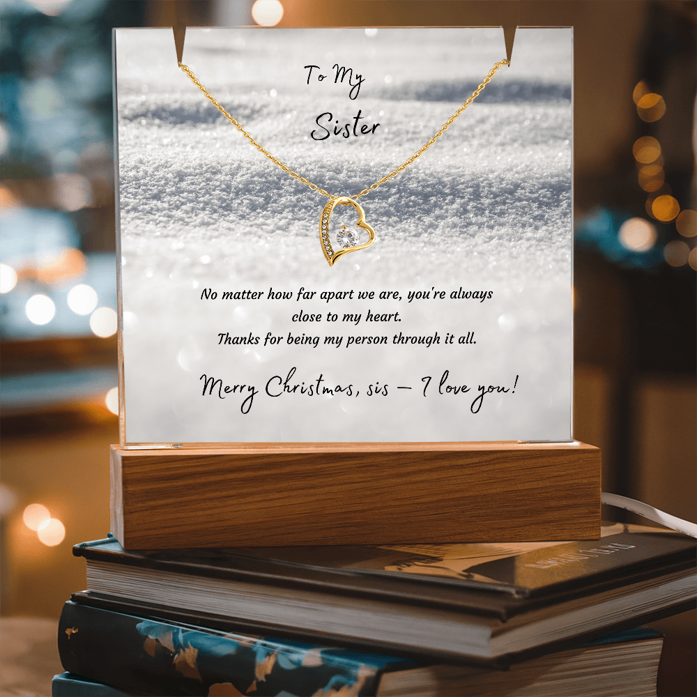 LED Acrylic Plaque with Heart Necklace, Christmas Gift for Sister - "To My Sister" Light-Up Keepsake with 14K Gold Finish Pendant
