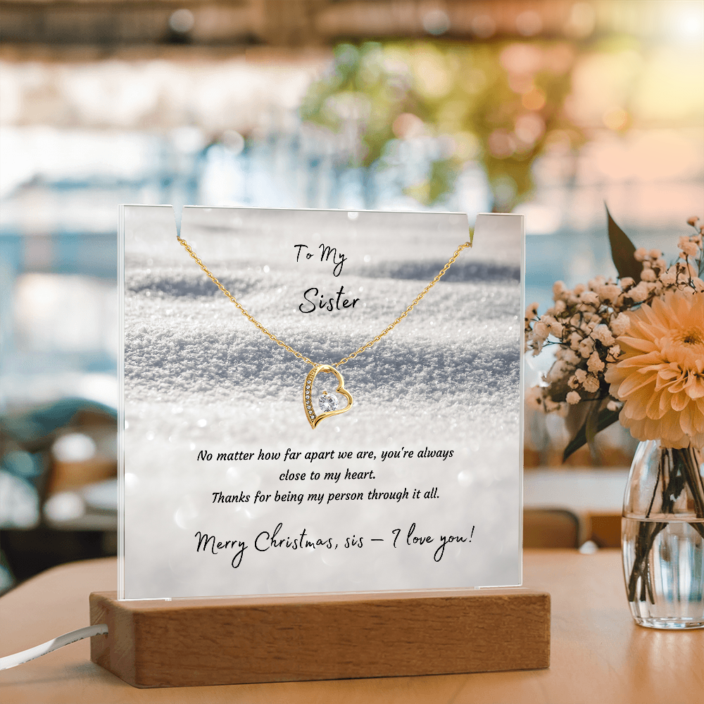 LED Acrylic Plaque with Heart Necklace, Christmas Gift for Sister - "To My Sister" Light-Up Keepsake with 14K Gold Finish Pendant