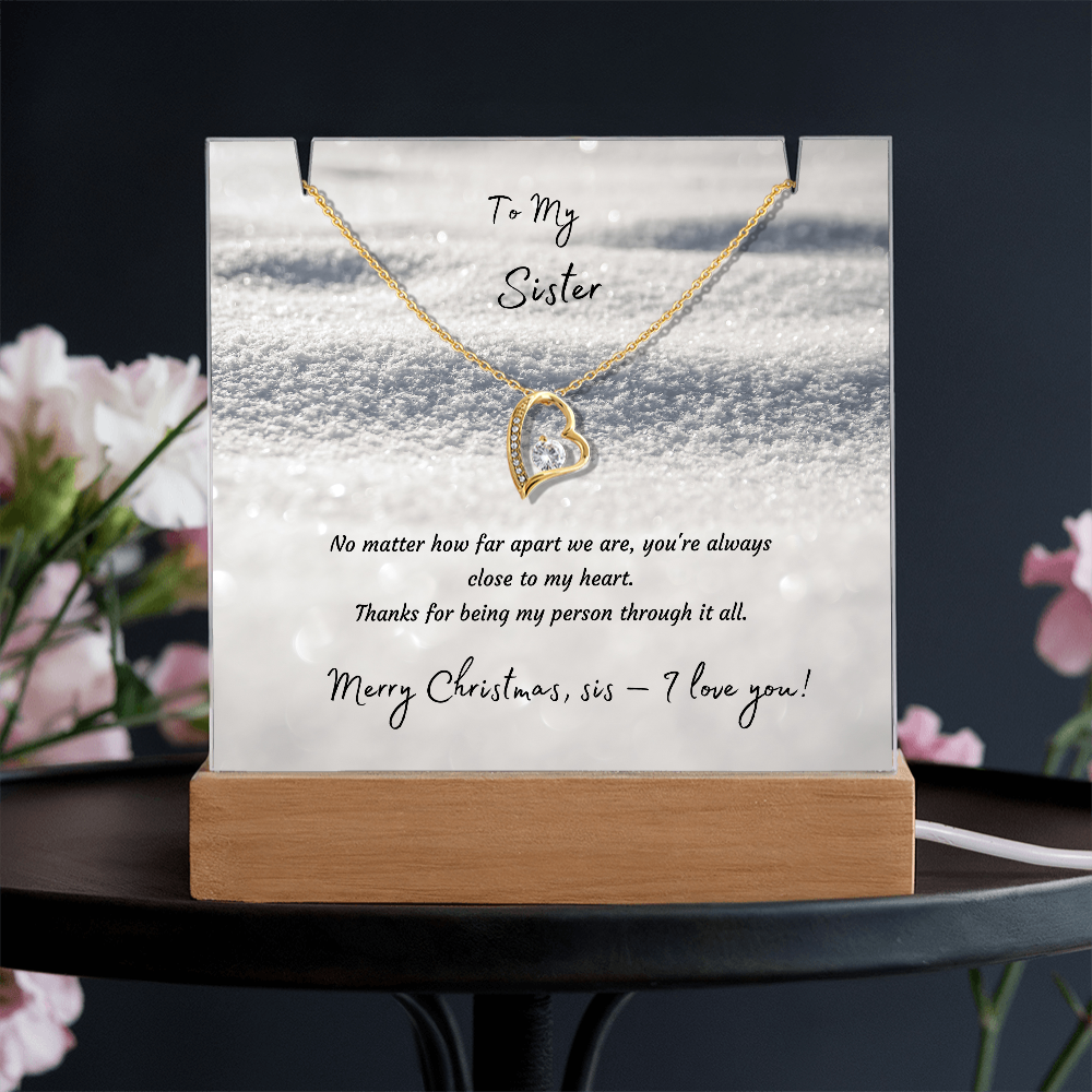 LED Acrylic Plaque with Heart Necklace, Christmas Gift for Sister - "To My Sister" Light-Up Keepsake with 14K Gold Finish Pendant