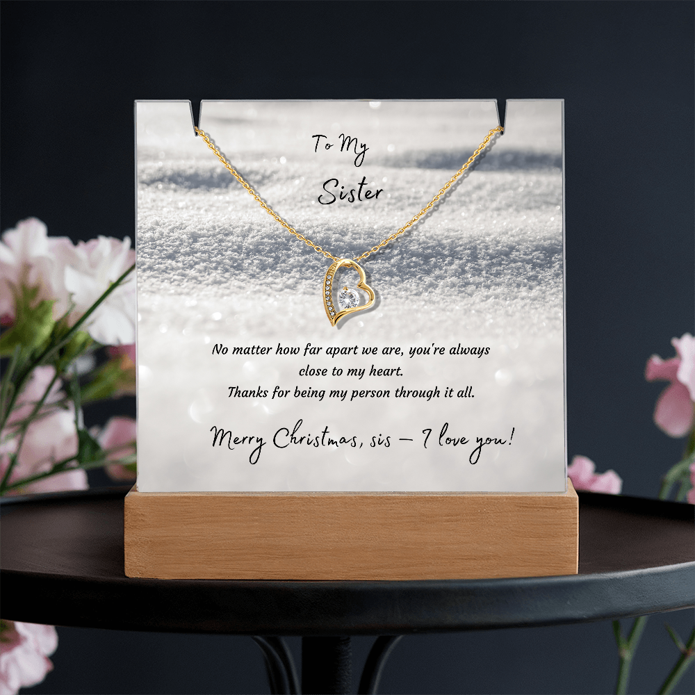 LED Acrylic Plaque with Heart Necklace, Christmas Gift for Sister - "To My Sister" Light-Up Keepsake with 14K Gold Finish Pendant