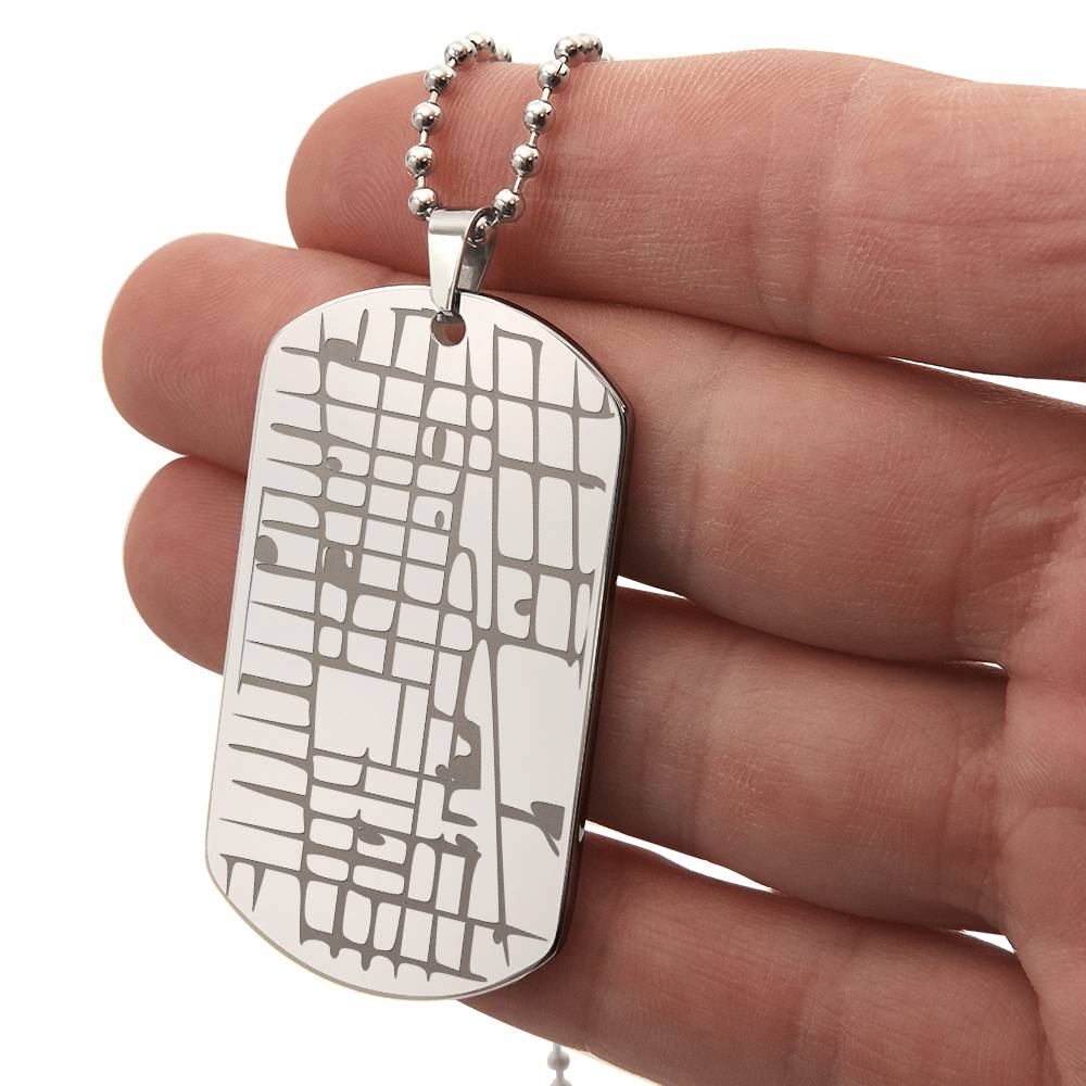 Custom Map Dog Tag Necklace – Engraved Location Pendant, 18K Gold Finish, Stainless Steel