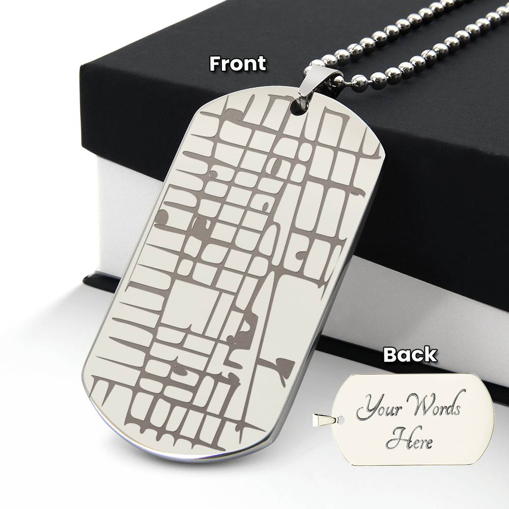 Custom Map Dog Tag Necklace – Engraved Location Pendant, 18K Gold Finish, Stainless Steel