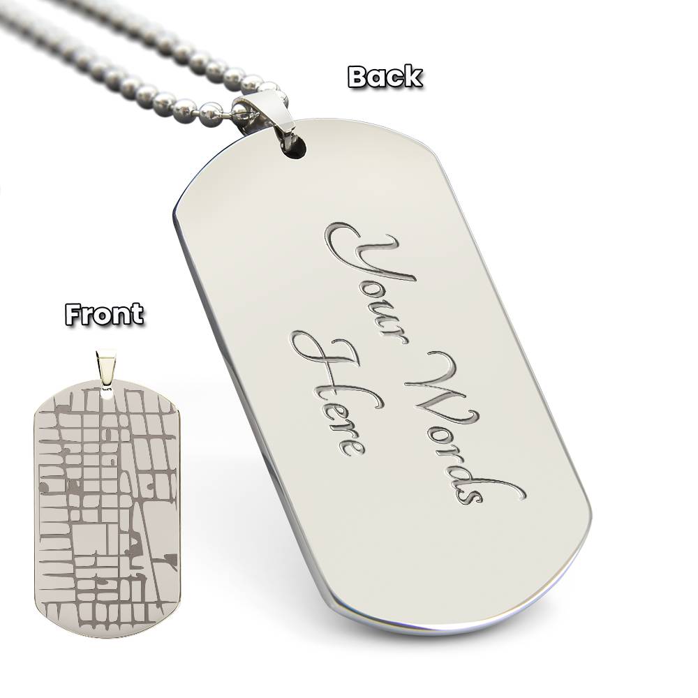 Custom Map Dog Tag Necklace – Engraved Location Pendant, 18K Gold Finish, Stainless Steel