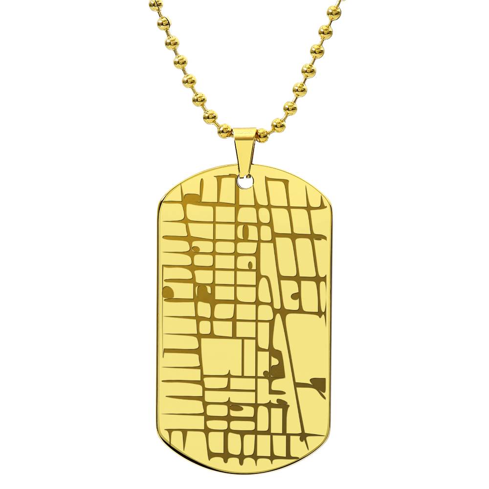 Custom Map Dog Tag Necklace – Engraved Location Pendant, 18K Gold Finish, Stainless Steel