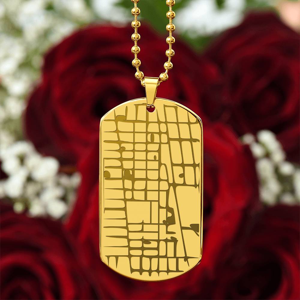 Custom Map Dog Tag Necklace – Engraved Location Pendant, 18K Gold Finish, Stainless Steel