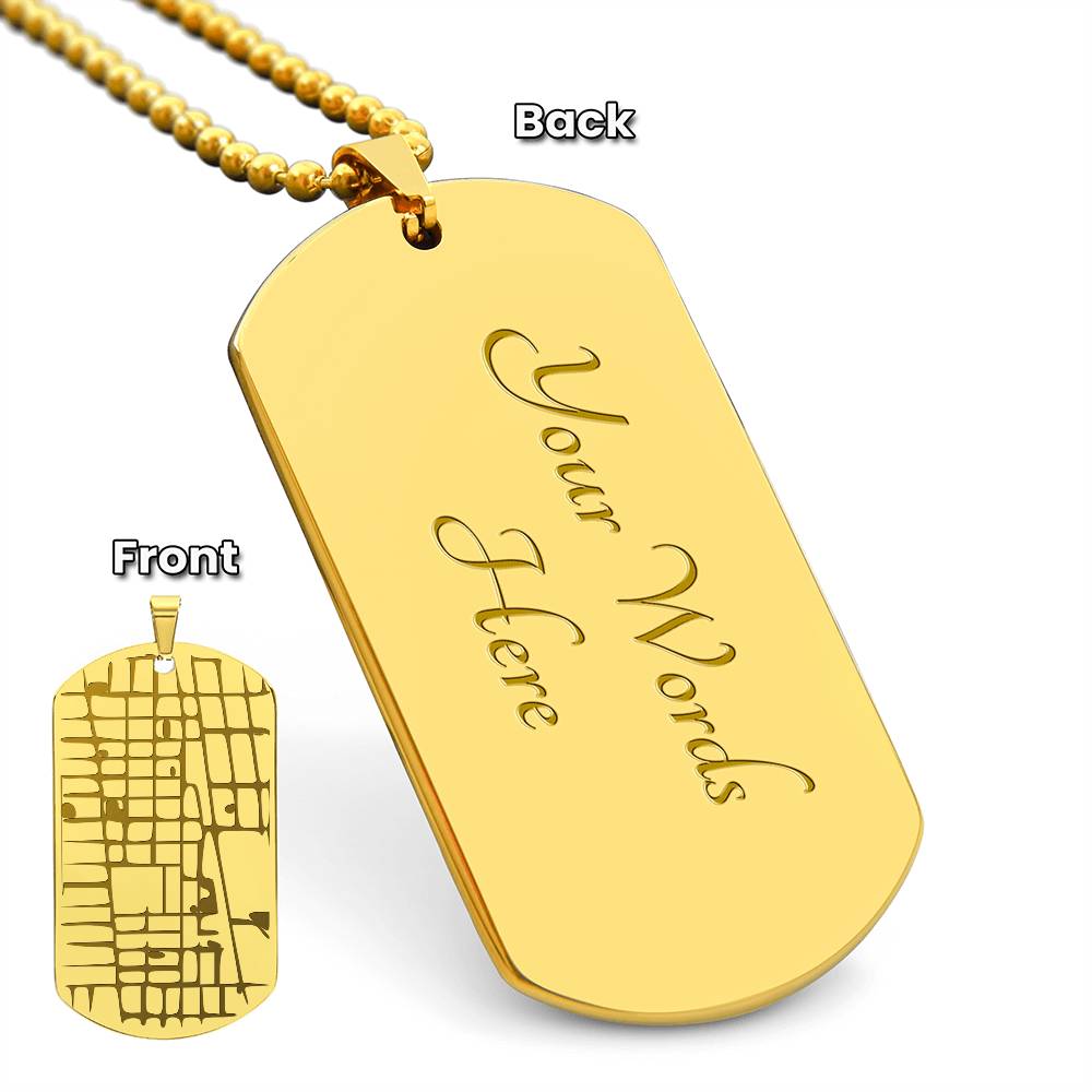 Custom Map Dog Tag Necklace – Engraved Location Pendant, 18K Gold Finish, Stainless Steel