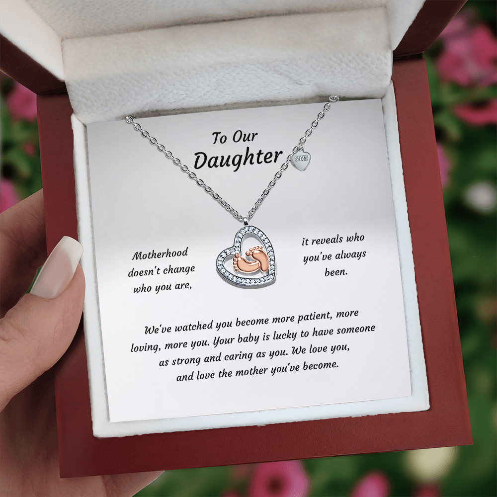 Baby Feet Heart Necklace with CZ Stone – Rose Gold Baby Feet Pendant Gift for New Mom & Daughter