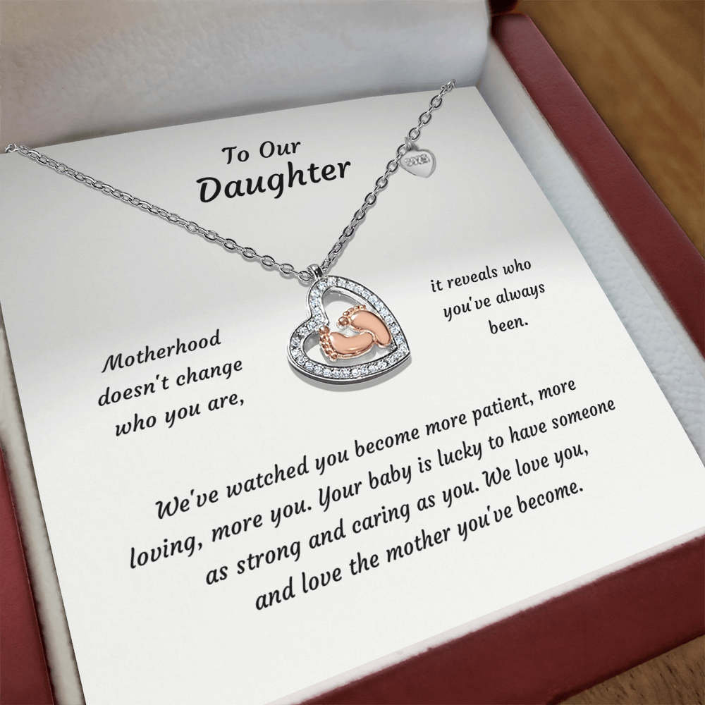 Baby Feet Heart Necklace with CZ Stone – Rose Gold Baby Feet Pendant Gift for New Mom & Daughter
