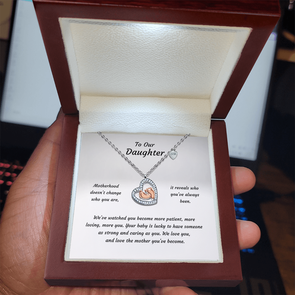 Baby Feet Heart Necklace with CZ Stone – Rose Gold Baby Feet Pendant Gift for New Mom & Daughter