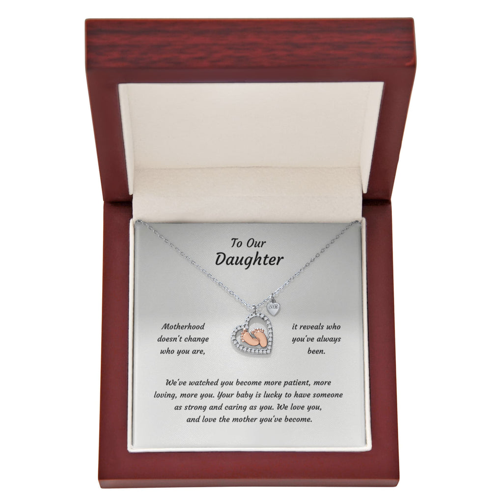 Baby Feet Heart Necklace with CZ Stone – Rose Gold Baby Feet Pendant Gift for New Mom & Daughter