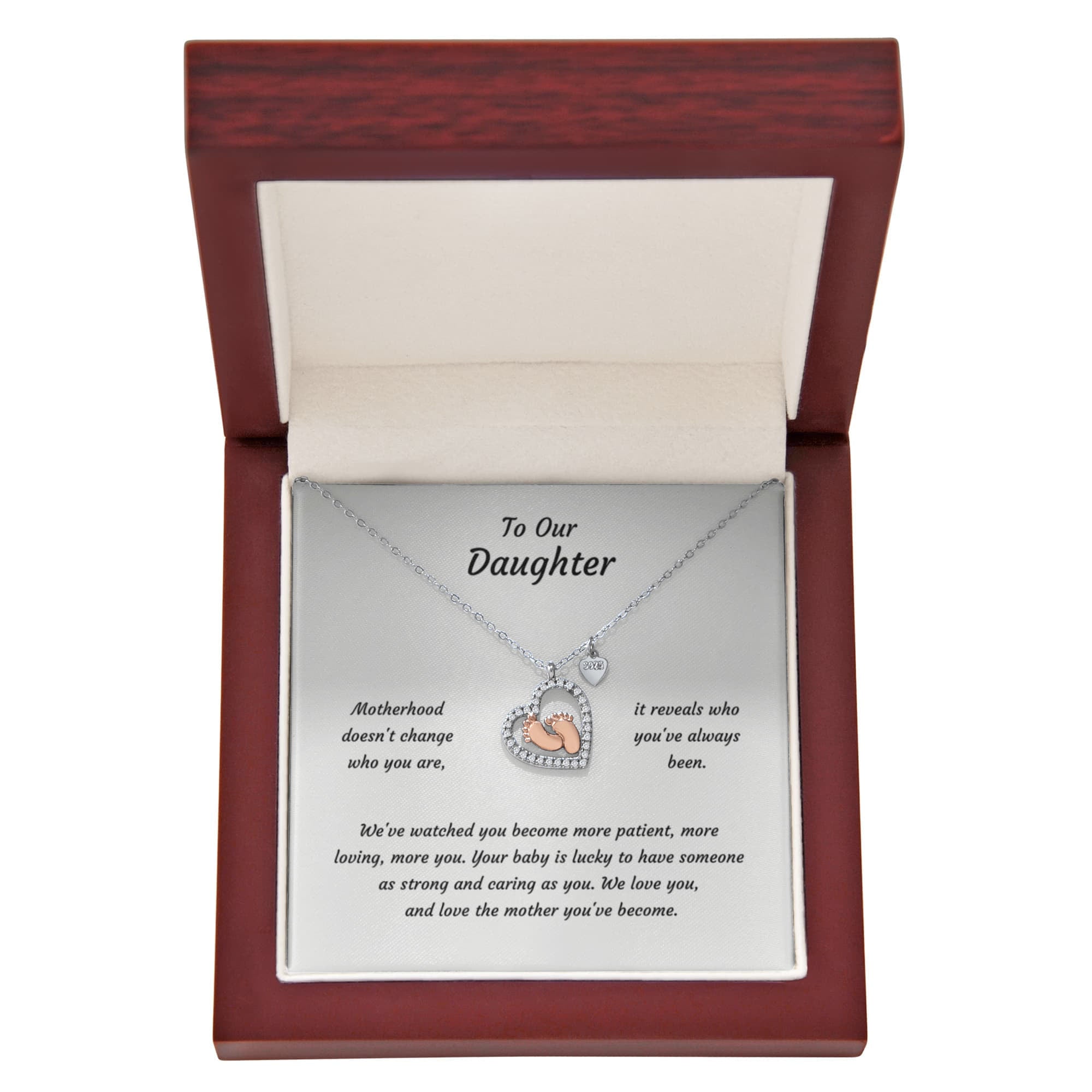 Baby Feet Heart Necklace with CZ Stone – Rose Gold Baby Feet Pendant Gift for New Mom & Daughter