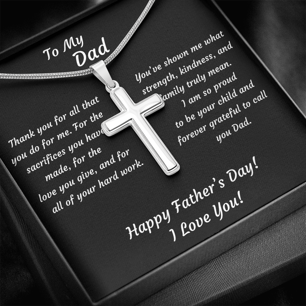 Stainless Steel cross pendant necklace with snake chain — close-up of Father's Day keepsake message card in dark gift box, religious jewelry gift for Dad
