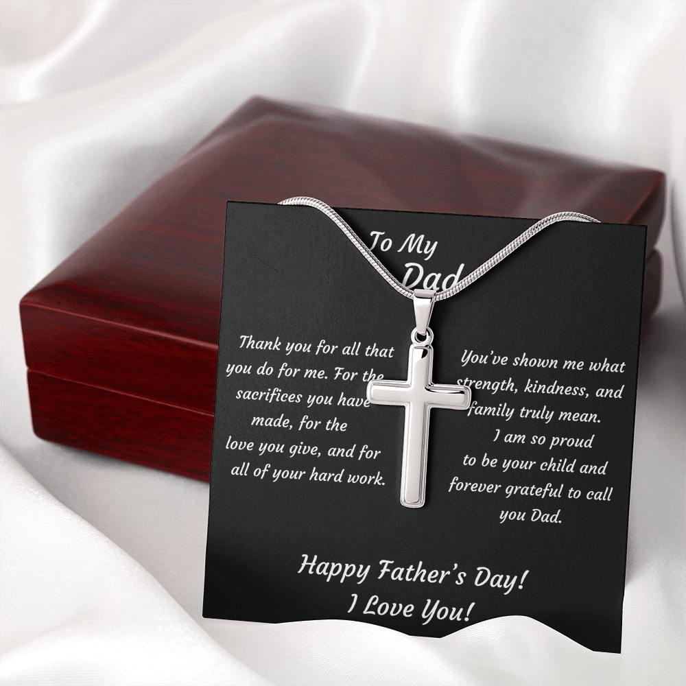 Stainless Steel cross pendant necklace with snake chain — Father's Day gift for Dad in luxury mahogany box with heartfelt keepsake message card, religious jewelry gift