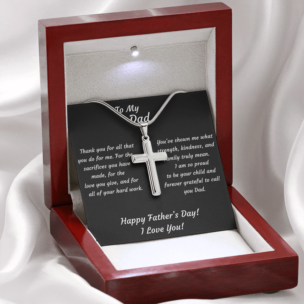 Stainless Steel cross pendant necklace in mahogany luxury gift box — religious Father's Day jewelry gift for Dad with heartfelt keepsake message card and LED spotlight