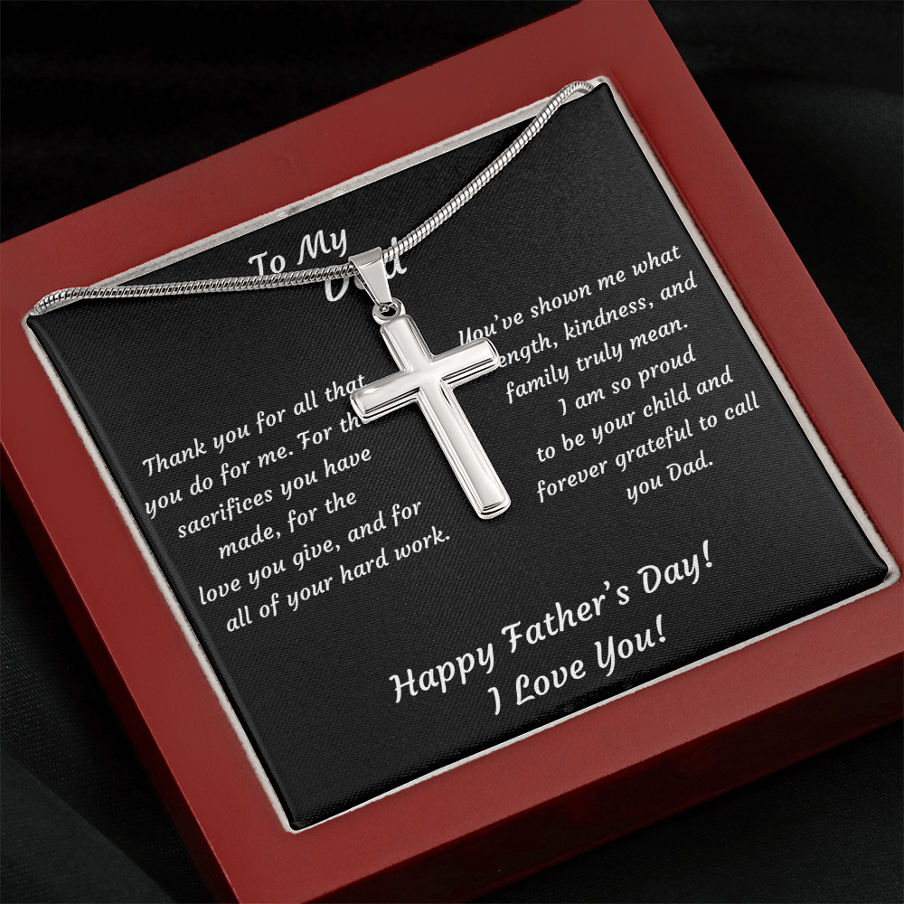 Stainless Steel cross pendant necklace in closed mahogany luxury gift box — religious Father's Day jewelry gift for Dad with heartfelt keepsake message card