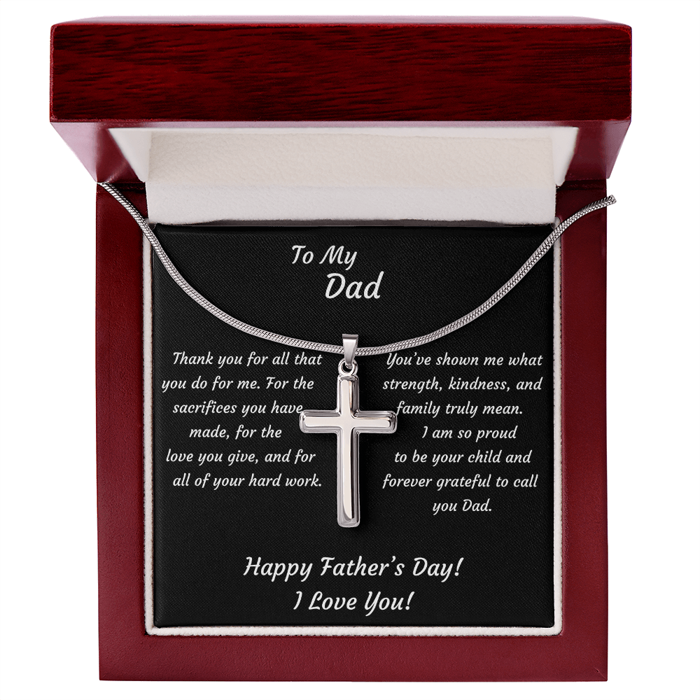 Stainless Steel cross pendant necklace in mahogany luxury gift box — religious Father's Day jewelry gift for Dad with heartfelt keepsake message card and LED spotlight