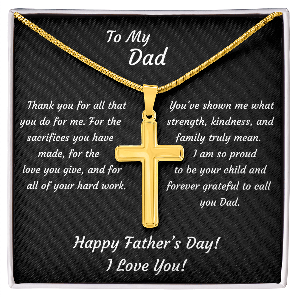 18k Gold cross pendant necklace with snake chain — Father's Day keepsake message card in white gift box, religious jewelry gift for Dad with heartfelt sentiment