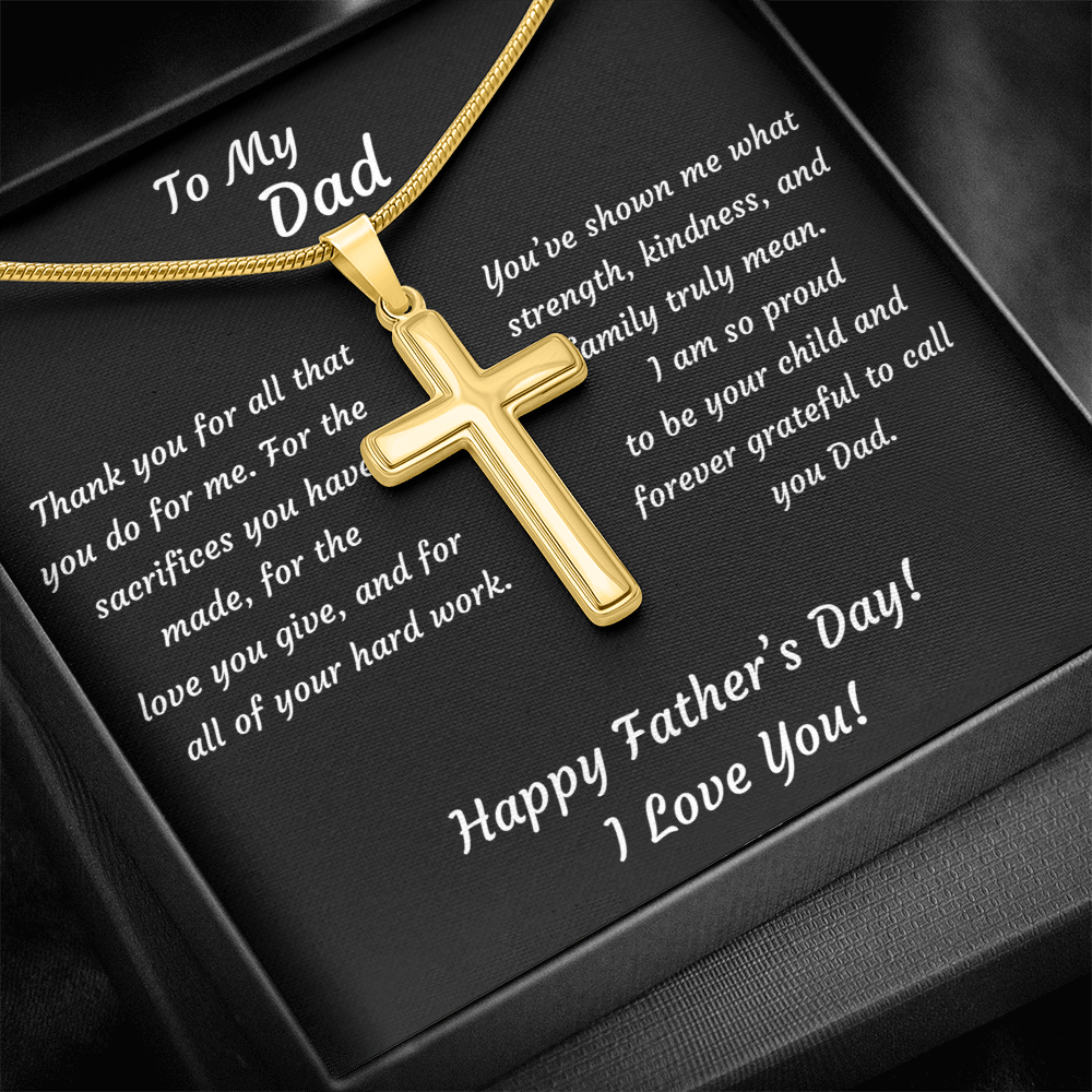 18k Gold cross pendant necklace with snake chain — Father's Day keepsake message card in white gift box, religious jewelry gift for Dad with heartfelt sentiment