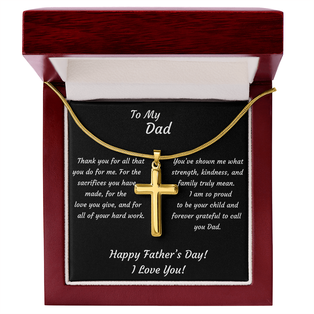 18k Gold cross pendant necklace in mahogany luxury gift box — religious Father's Day jewelry gift for Dad with heartfelt keepsake message card