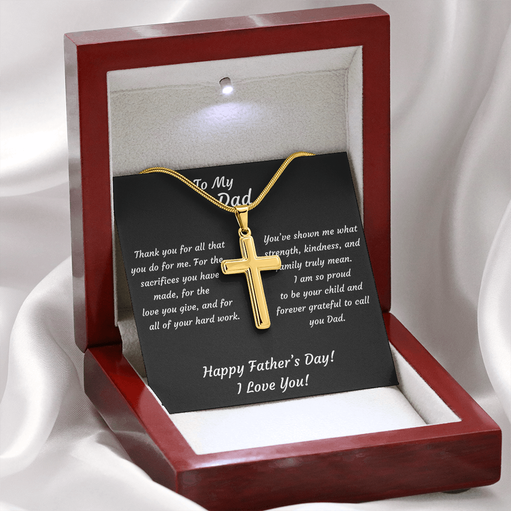 18k Gold cross pendant necklace in mahogany luxury gift box — religious Father's Day jewelry gift for Dad with heartfelt keepsake message card and LED spotlight