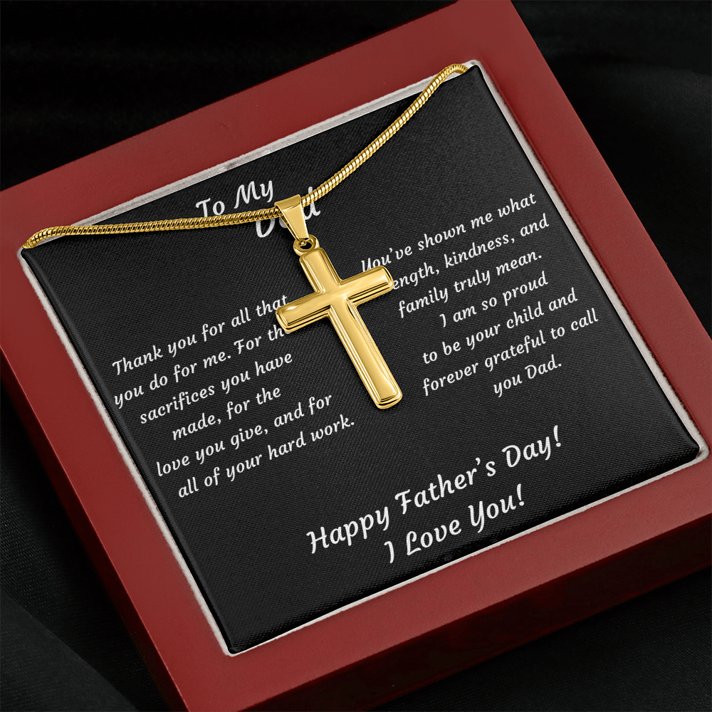 18k Gold cross pendant necklace in closed mahogany luxury gift box — religious Father's Day jewelry gift for Dad with heartfelt keepsake message card