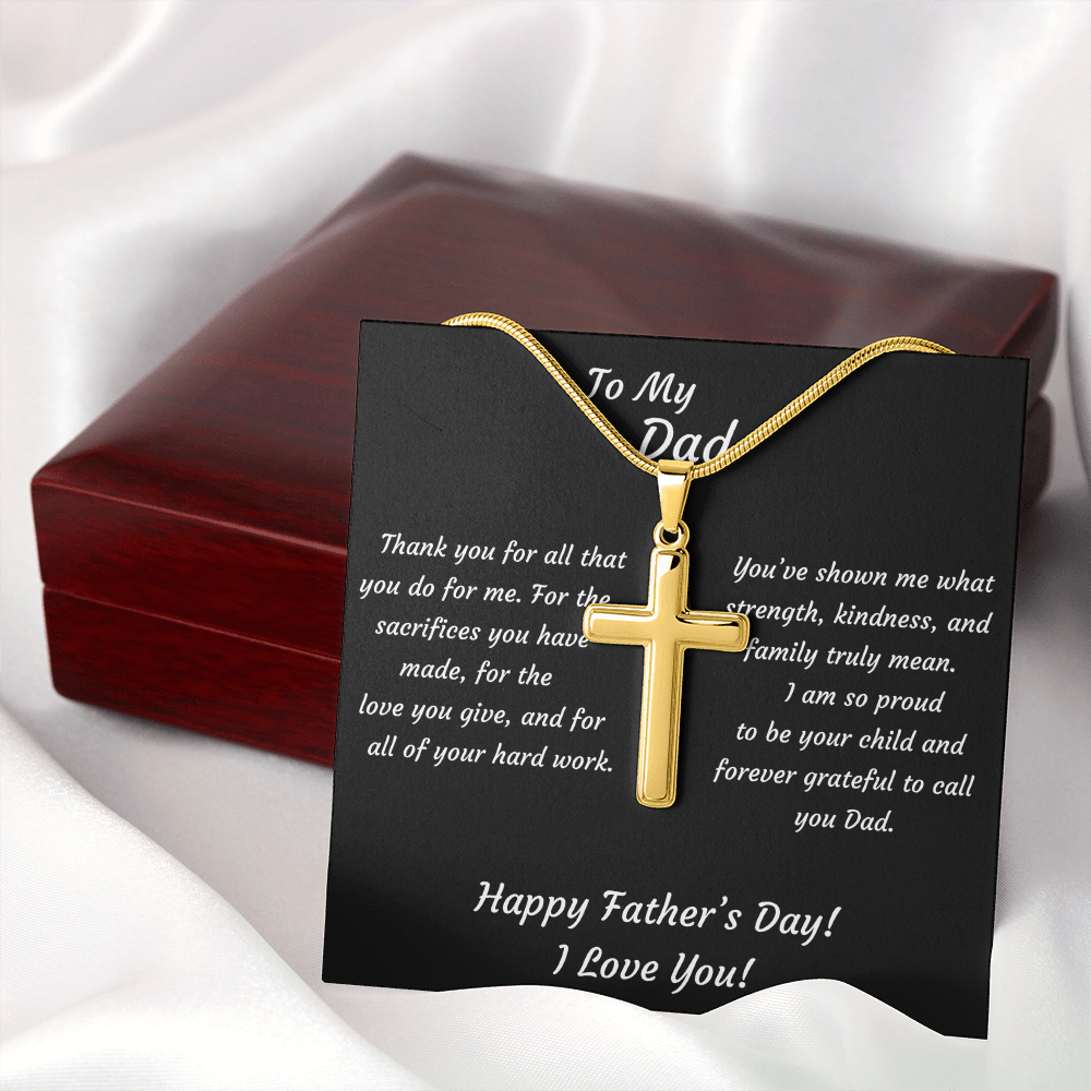 18k Gold cross pendant necklace with snake chain — Father's Day gift for Dad in luxury mahogany box with heartfelt keepsake message card, religious jewelry gift