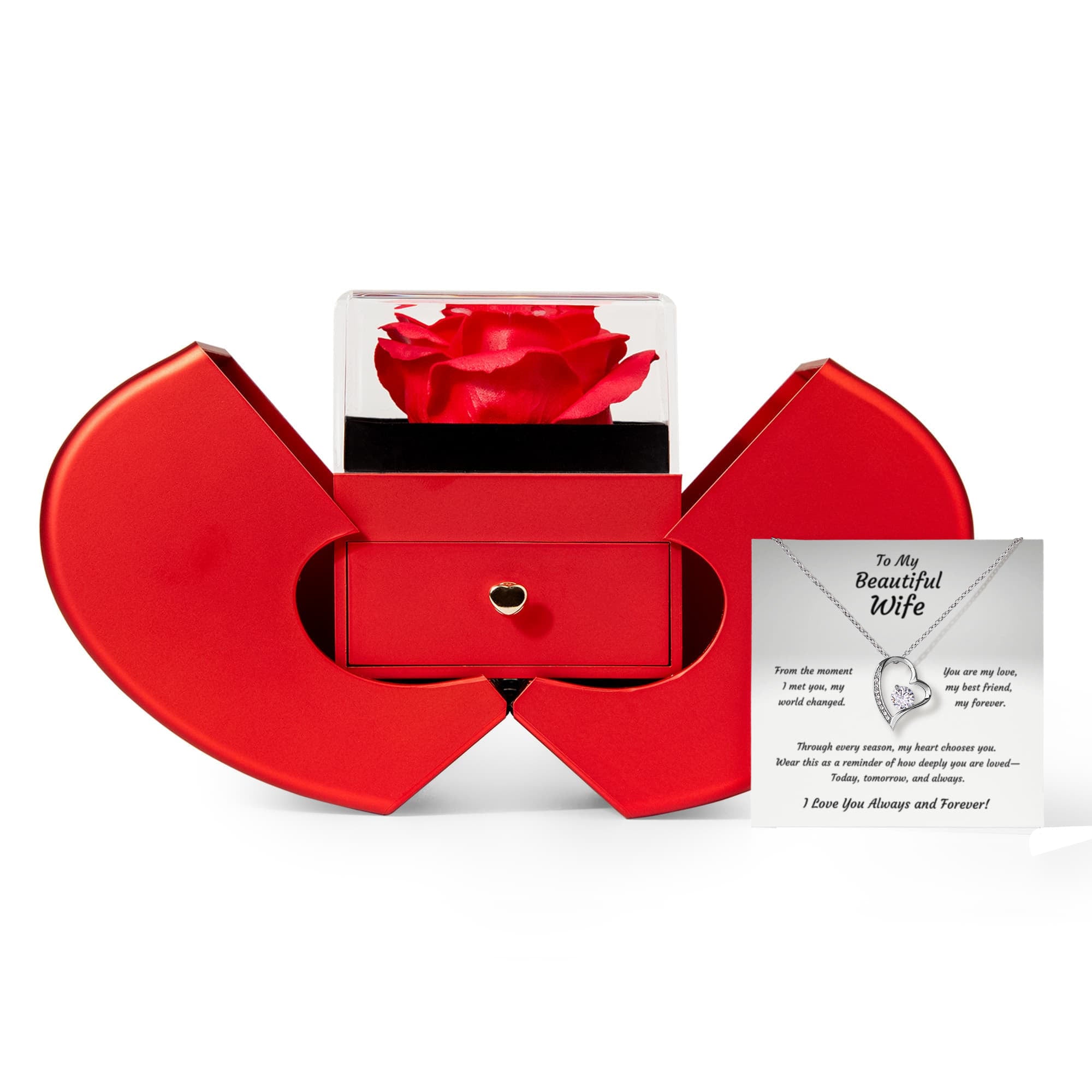 Gift for Wife 14k White Gold or 18k Yellow Gold plated Heart Necklace with Rose Soap Gift Box anniversary, birthday, Christmas or valentine's day