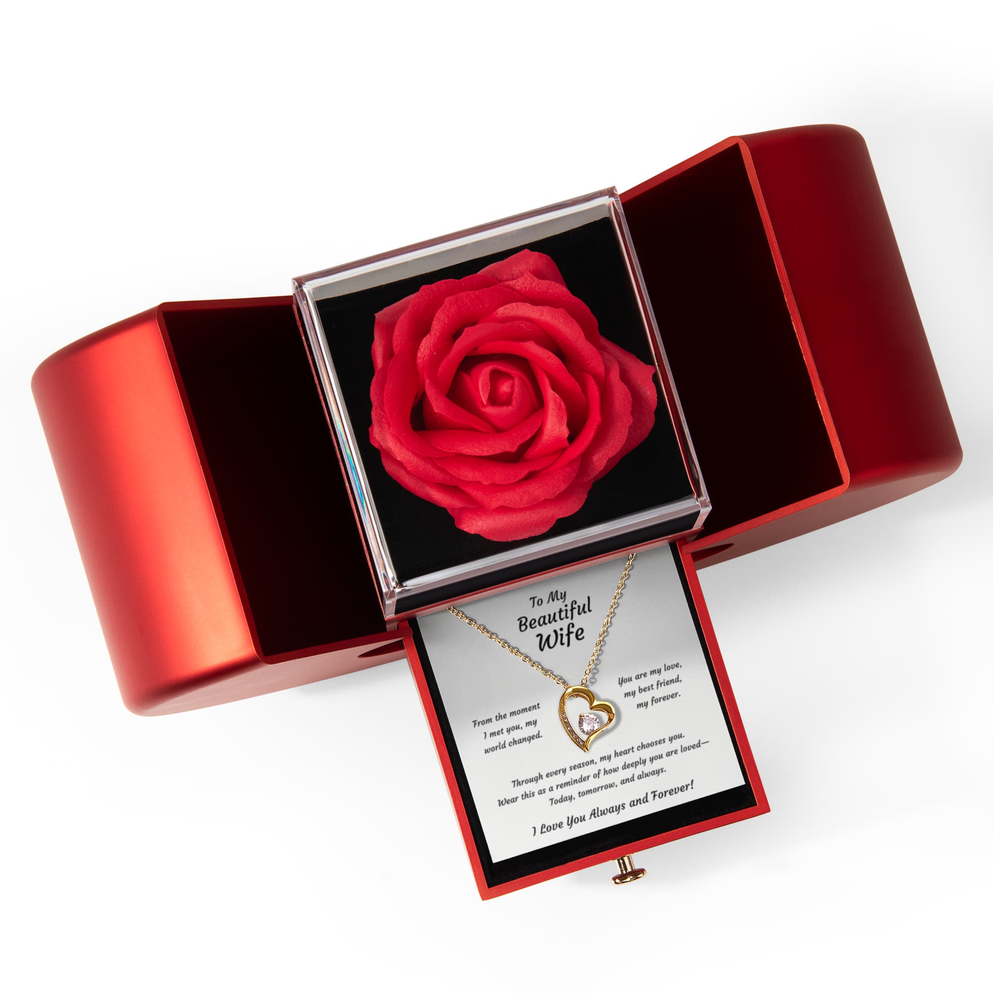 Gift for Wife 14k White Gold or 18k Yellow Gold plated Heart Necklace with Rose Soap Gift Box anniversary, birthday, Christmas or valentine's day