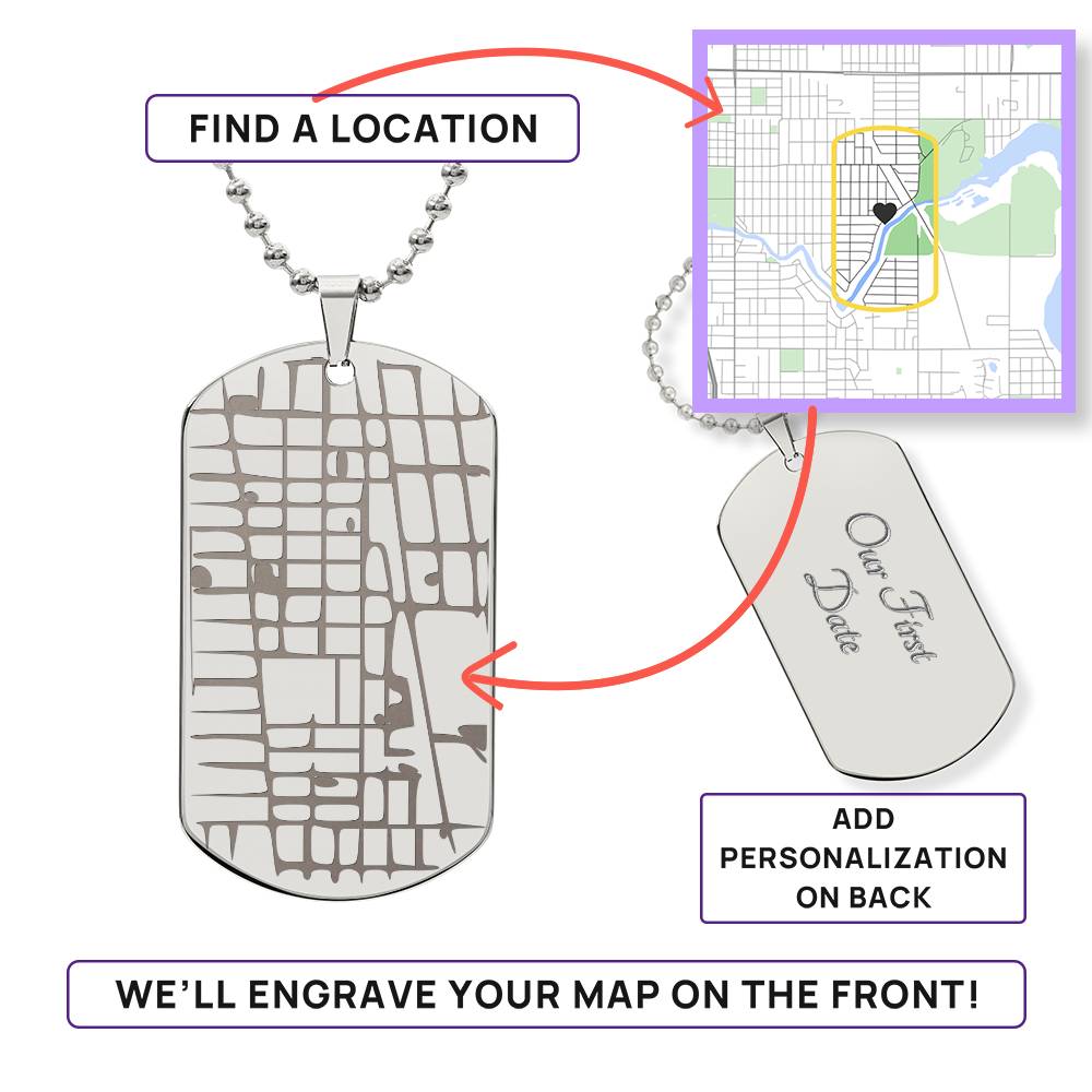 Custom Map Dog Tag Necklace – Engraved Location Pendant, 18K Gold Finish, Stainless Steel