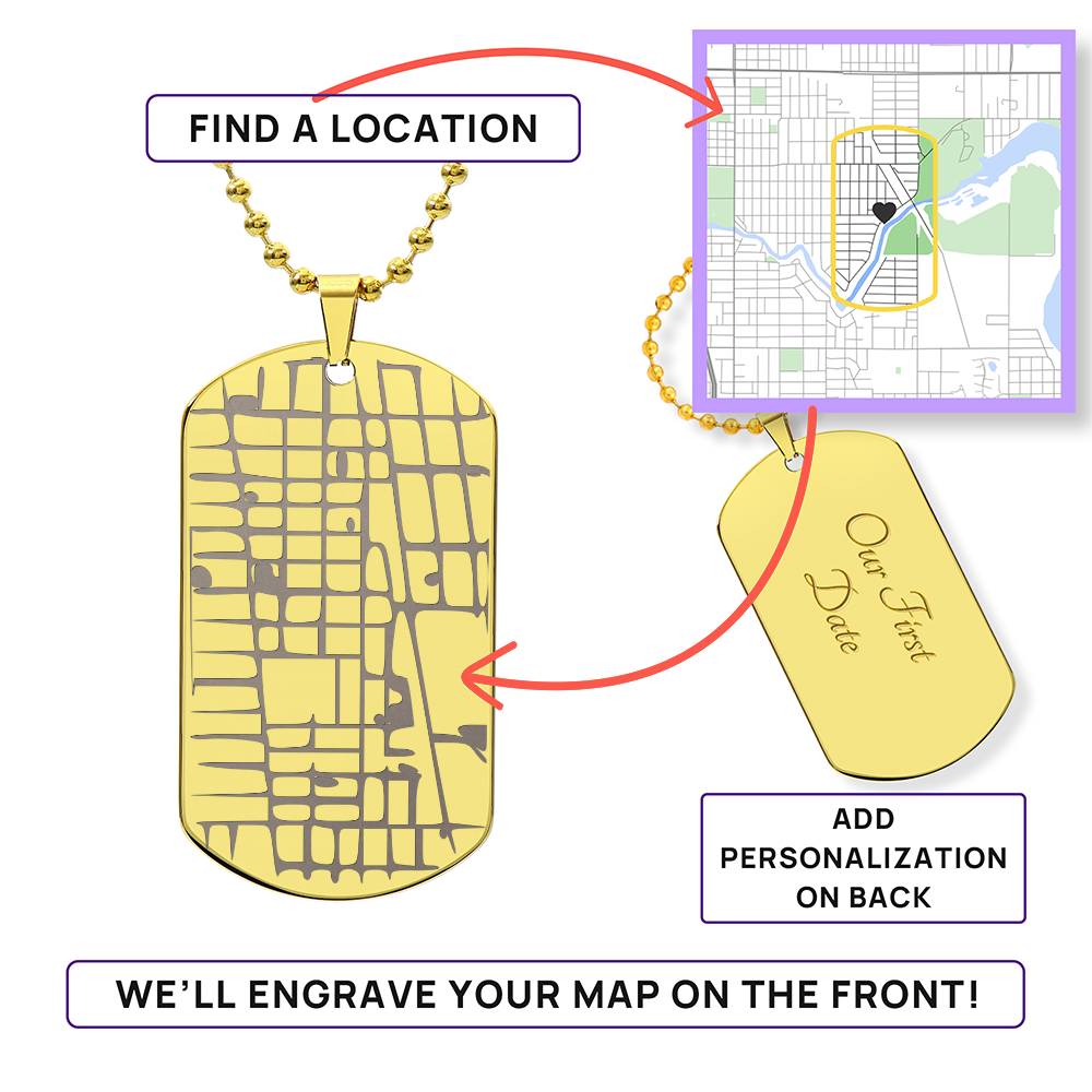 Custom Map Dog Tag Necklace – Engraved Location Pendant, 18K Gold Finish, Stainless Steel